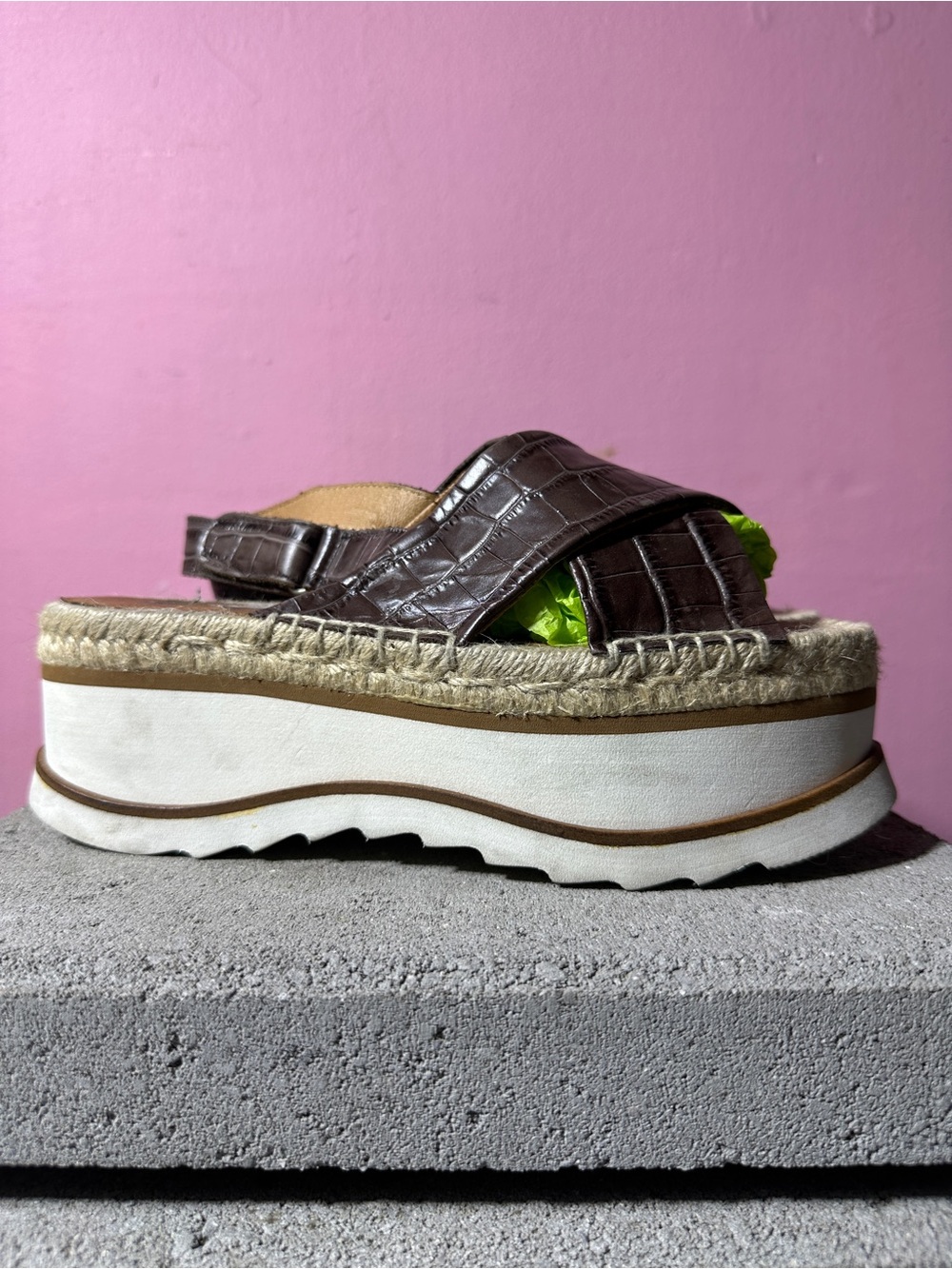 Jeffrey Campbell Brown Croc-Embossed Platform Espadrille Slides